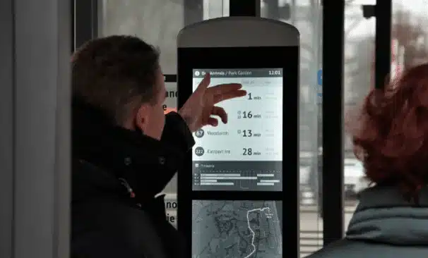 Different sized public signage, passenger information system for passengers to use at bus stops